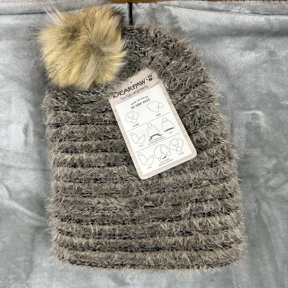 Bearpaw Beanie Convertible Scarf Hat One Size Brown Gray Fuzzy Pom Pom NEW